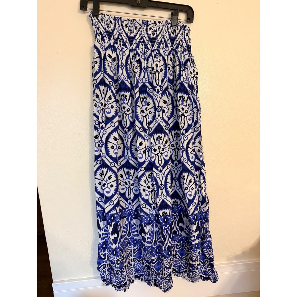 Haute Hippie Women Maxi Skirt M Blue White Medallion Tassel Boho Festival Button - Picture 6 of 7